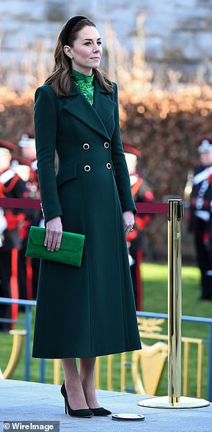 The ensemble was reminiscent of Kate's all-green look when she arrived in Ireland in 2020. Above: Kate at a memorial wreath laying ceremony at the Garden of Remembrance in Aras an Uachtarain on the first day of her visit to Ireland with Prince William