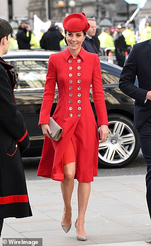 Kate in red Catherine Walker double-breasted coat at Westminster Abbey