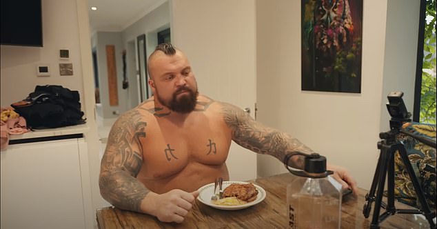 The 36-year-old eats more eggs, another milkshake and a whole ribeye steak for lunch