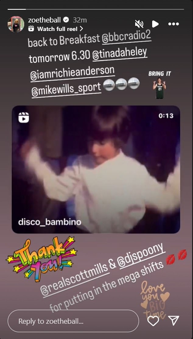 The presenter confirmed on social media on Sunday that she will return on Monday, reposting a snippet of Disco Bambino's track Odeon (Holdin¿ On) while tagging her Breakfast Show team