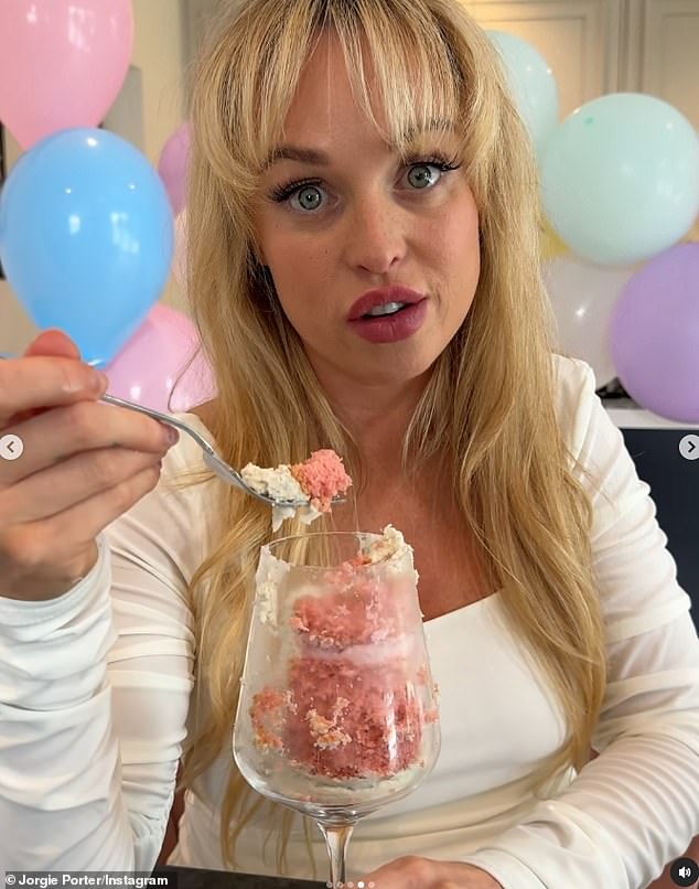 The pregnant soap star, 36, made the exciting announcement on Saturday with a series of photos of herself enjoying a gender reveal party where she tucked into a pink cake.