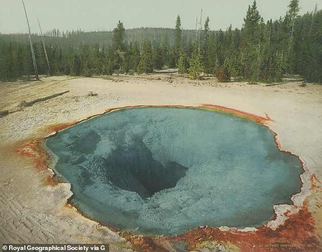 The Morning Glory Pool, pictured in 1902, before human influence permanently changed its color