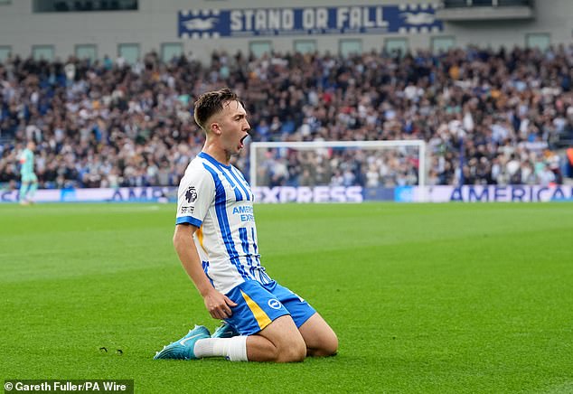 Jack Hinshelwood equalised for Brighton by scoring the fourth goal of his top division career