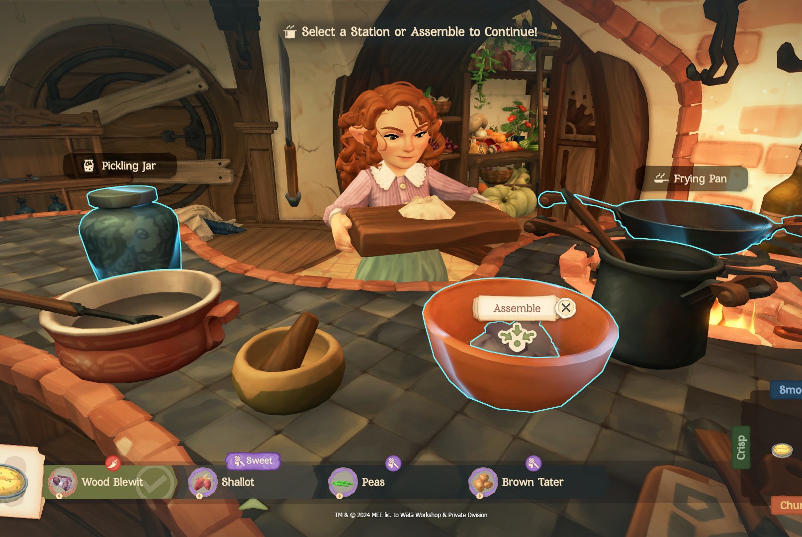 A hobbit PC from Tales of the Shire holds a cutting board while cooking. UI elements show the texture of the dish, as well as a choice of a preserving jar, mixing bowl, and frying pan for tools.