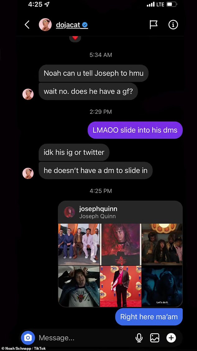 After Schnapp shared a screenshot, Doja Cat called him out for leaking their chat, saying he was 