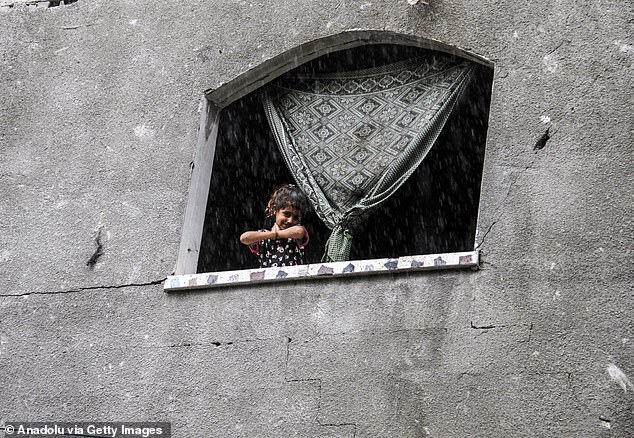 Palestinians living in tents provided by the Turkish Red Crescent and aid organizations in the Jabaliya refugee camp, located in northern Gaza where Israeli attacks continue, face heavy rains that hit the region on September 22, 2024