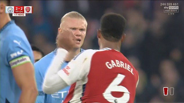 Goalscorers Erling Haaland and Gabriel got into a heated dispute on the touchline after Haaland appeared to throw the ball at the heads of Arsenal defenders