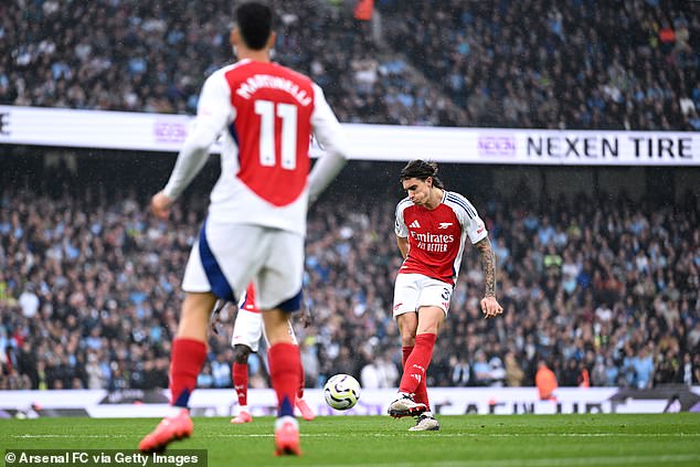 Calafiori (right) scored a stunning goal after Arsenal took advantage of a seemingly out of position City defence