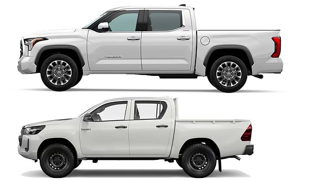 The Tundra (top) trumps the Toyota HiLux (bottom) in size, with the new pick-up measuring 5,933mm long and 2,037mm wide, compared to the classic chassis which is just 5,265mm long and 1,800mm wide.