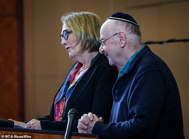 Landsberger's parents Anne and Jake talk about their son during the service