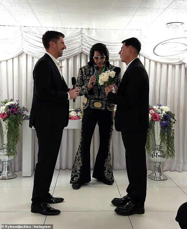 Newsreader Brooklyn Ross, who has been with KIIS FM for 10 years, married his boyfriend Damien Dirienzo in a 24-hour wedding chapel in Las Vegas. Both pictured with Elvis Presley celebrant