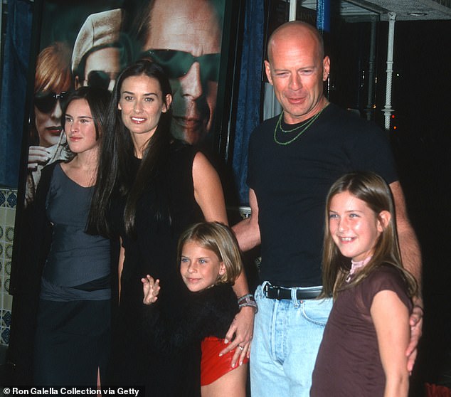 The actress, now 61, lives in Malibu with her then-husband Bruce Willis and has vowed to bike 30 miles each way to the set of Indecent Proposal every day. She pushes herself to get back her pre-pregnancy figure. (Photo 2001: Demi (second from left), Bruce (second from right) and their children, left to right, Rumer Willis, Tallulah Belle Willis and Scout Willis)