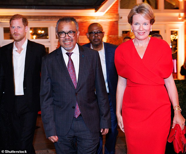 Harry is seen here with World Health Organization head Dr Tedros Adhanom Ghebreyesus, along with actor Whitaker and Queen Mathilde