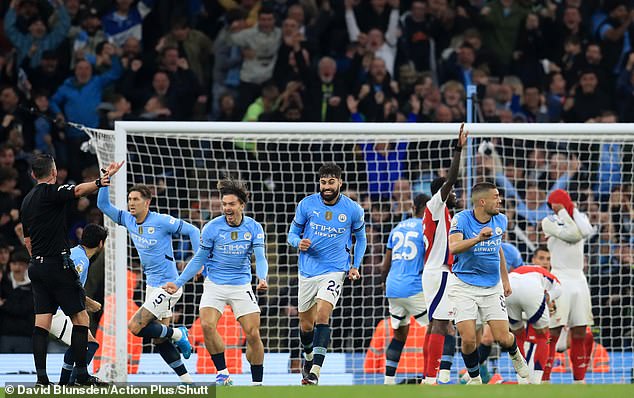 Perhaps there was some justice in Arsenal being brought down by John Stones (left) in extra time largely caused by their own miscues