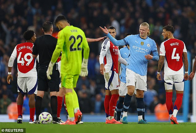 Lewis-Skelly confronted City star Erling Haaland (second from right), who reacted negatively