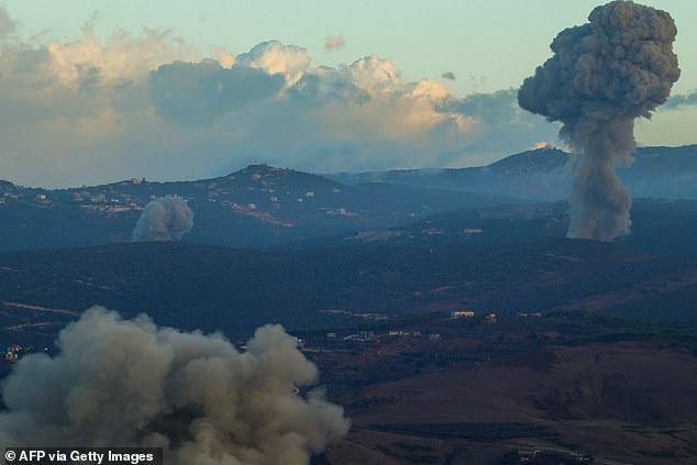 Smoke rises from the site of an Israeli airstrike in Aramti, near the Lebanon-Israel border, on September 23, 2024