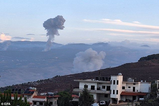 Smoke rises from the site of Israeli airstrikes on Lebanese villages, seen from Marjaayoun, southern Lebanon