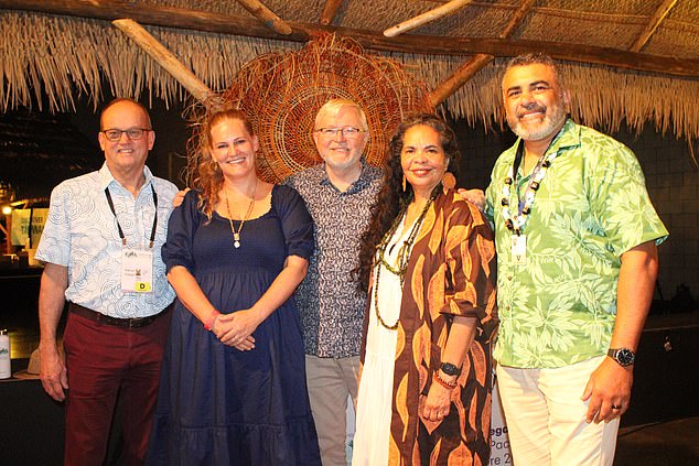 Justin Mohamed is pictured on the right at the 13th Festival of Pacific Arts and Culture in Honolulu with Kevin Rudd, center - the former Australian Prime Minister and current Ambassador to the US