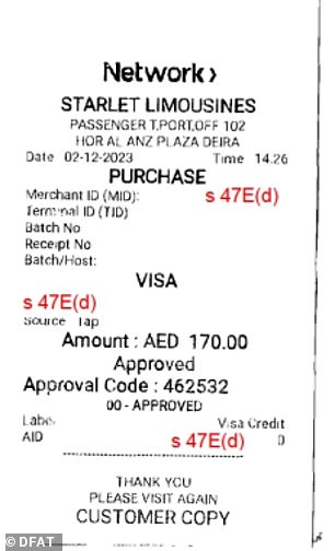 Pictured: A limousine receipt from Dubai