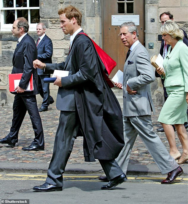 Prince William walks in his graduation gown with Charles and Camilla in June 2005