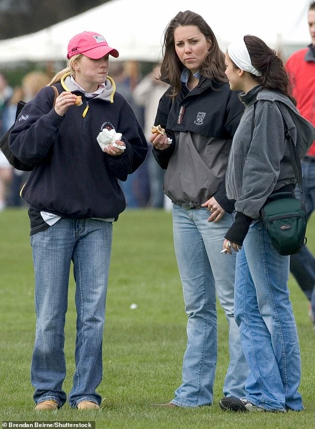 Kate chats with her friends as she watches William play rugby at university in 2005