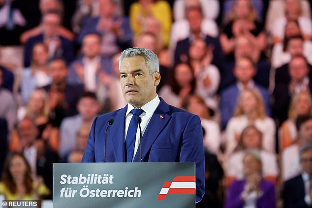 The FPOe is likely to come to power as a senior partner in a new coalition with the conservative Austrian People's Party (OVP). Pictured: Leader of the People's Party (OEVP) and Austrian Chancellor Karl Nehammer