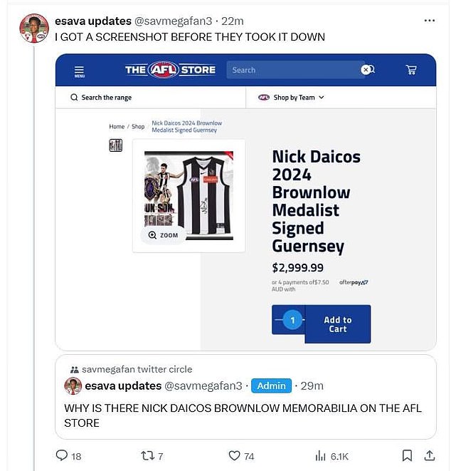 AFL's online store appears to have accidentally revealed the winner of Brownlow 2024