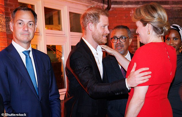 Prince Harry greets Queen Mathilde of Belgium at a high-level dinner on 'Violence against children and its impact on mental health' in New York City