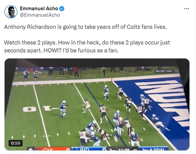 Former NFL star Emmanuel Acho claimed Richardson's play will 'eat years off Colts fans' lives'