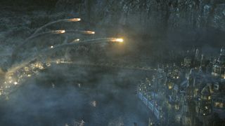 A barrage of fireballs is fired at the city of Eregion in The Rings of Power Season 2