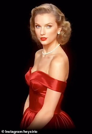 Swift is seen in a glamorous red dress, not dissimilar to something Marilyn Monroe would have worn