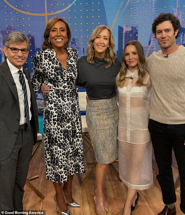 Once safely inside, the Daytime Emmy-nominated producer reunited with her Nobody Wants This lead - Adam Brody (R) - whom she previously co-starred with in Some Girl(S), House of Lies, Scream 4 and CHIPS