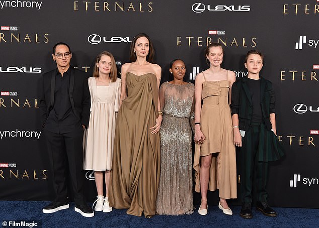 The mother of six Maleficent actress, 49, has sons Maddox, 23, and Pax, 20, as well as daughters Zahara, 19, Shiloh, 18, and 16-year-old twins Knox and Vivienne, with Pitt. Seen in 2021