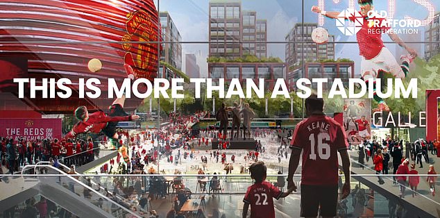 A rendering of the proposals shows United supporters outside a new stadium