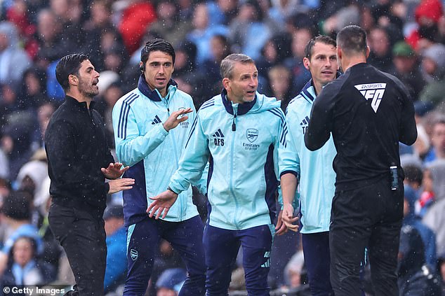 Gunners manager Mikel Arteta (far left) has voiced several complaints about the quality of refereeing in the Premier League