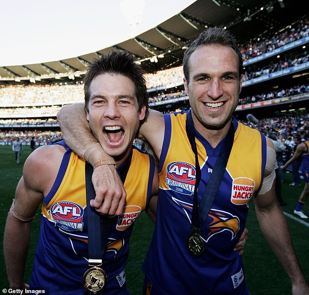 Pictured: Ben celebrates with teammate Chris Judd after the West Coast Eagles won a thrilling AFL final in 2006