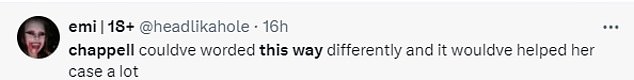 Fans expressed their disappointment over her decision to X, saying, “I love Chappel but this is HARD to process because it's so uneducated.