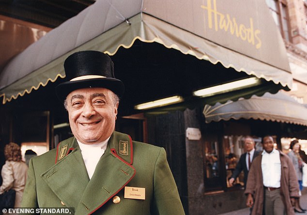 Mohamed Al Fayed pictured in a doorman uniform outside Harrods