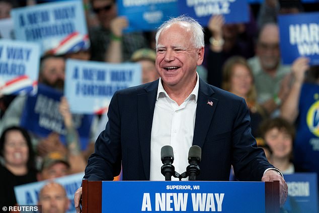 Democratic vice presidential candidate, Minnesota Governor Tim Walz, delivers a speech during a campaign event in Superior, Wisconsin, U.S., on September 14, 2024. Walz and Emmer both represented Minnesota in Congress