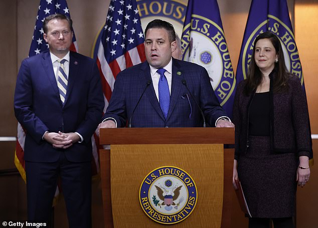 Congressman D'Esposito (center) in January 2023, just after taking office. A spokesperson for his office did not deny the affair but would not comment on the employment of the two women, saying it 