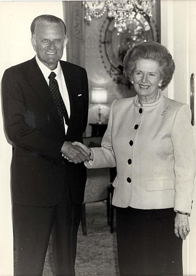 Former British Prime Minister Mrs Margaret Thatcher welcomes American evangelist Billy Graham at 10 Downing Street in London