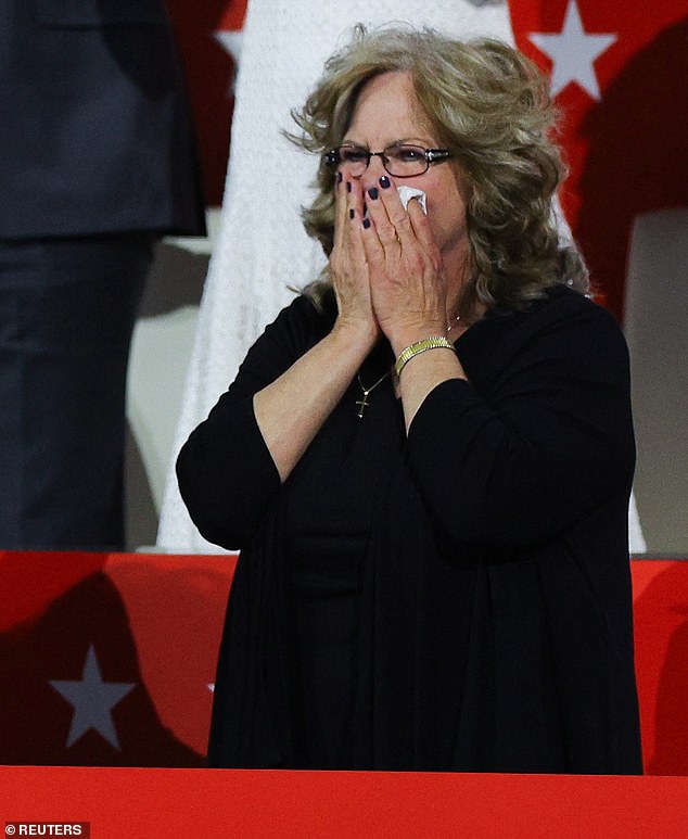 Beverly, mother of vice presidential nominee Senator JD Vance (R-OH), gets emotional in the VIP box as her son speaks on Day 3 of the Republican National Convention (RNC), at the Fiserv Forum in Milwaukee, Wisconsin, U.S.