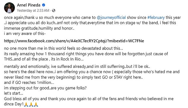 Pineda posted a clip on Facebook in which an ear monitor appeared to malfunction, affecting his performance during the band's hit, Don't Stop Believin'