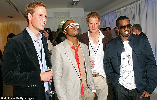 Diddy spent time in London in 2007 with Prince William (left), American rapper Kanye West (2nd from left) and Prince Harry