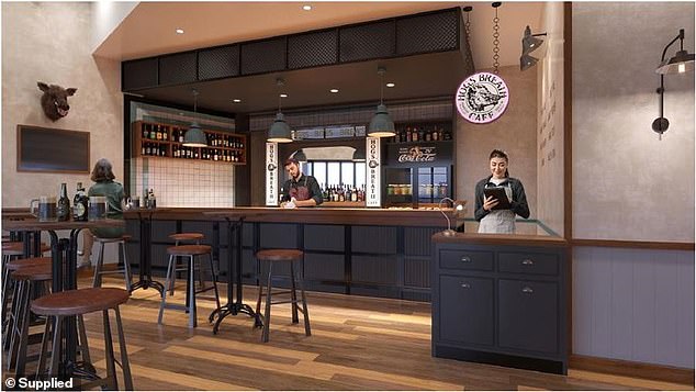 Rendered images of the new restaurants show customers sitting at long metal and wood tables with modern, light furniture (pictured)