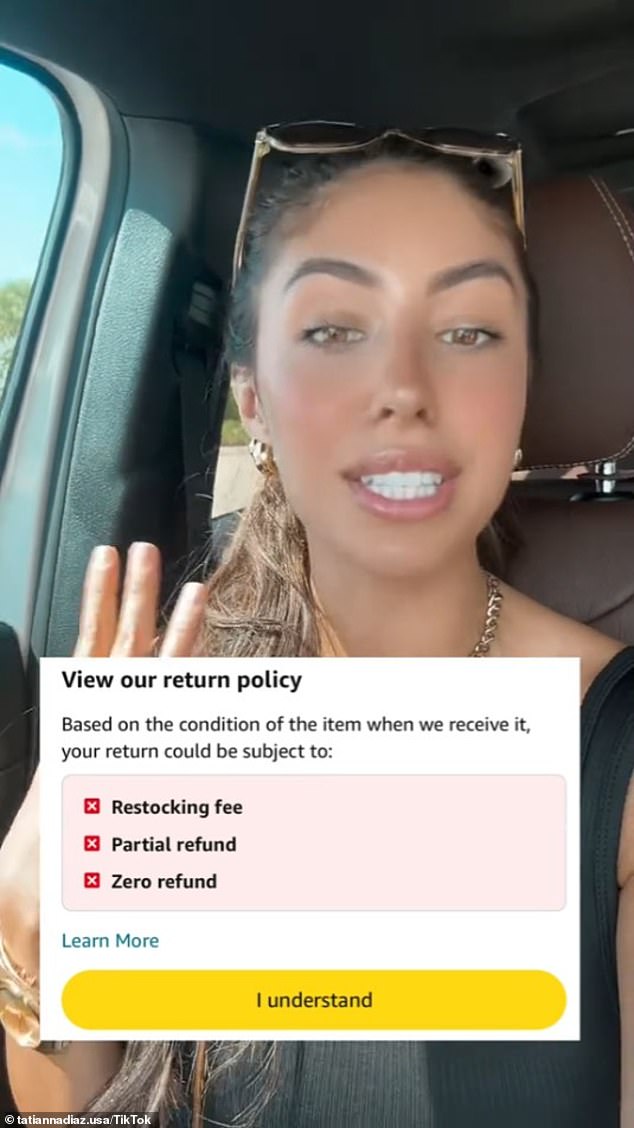 A screenshot of the return policy message she was presented with appears on the screen, showing how she was told she could be charged for a free refill if she requested a return.