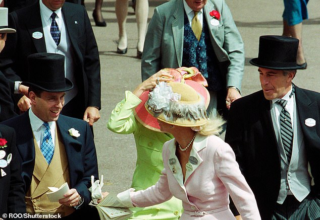 Andrew attends Royal Ascot with Epstein and Ghislaine Maxwell (green dress) in June 2000