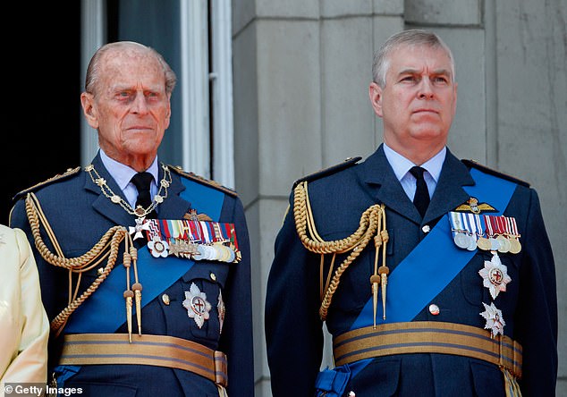 Andrew and the late Duke of Edinburgh on the balcony of Buckingham Palace to commemorate the 75th anniversary of the Battle of Britain in 2015