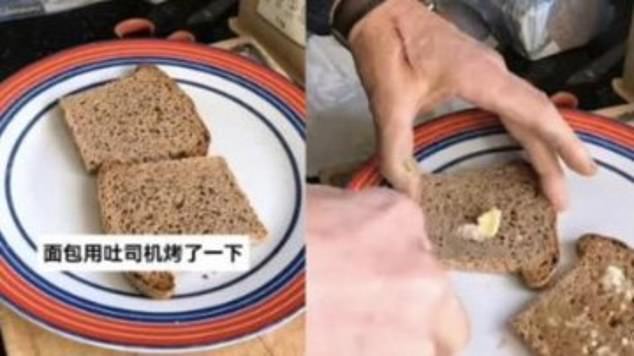 Excerpts from his wife's Douyin account show Keith struggling to spread butter on two slices of brown bread as he makes a sandwich