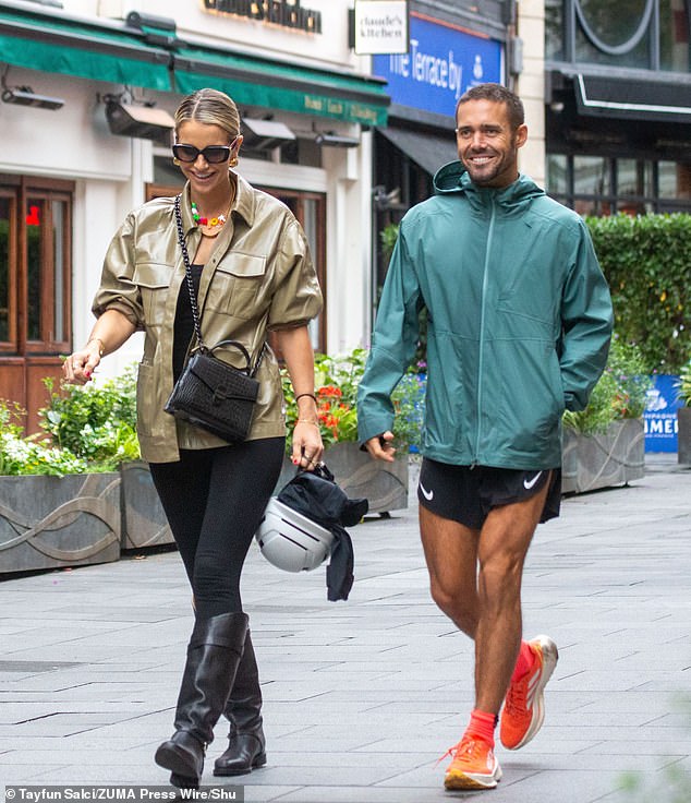 Meanwhile, Spencer, who has just returned from his mammoth marathon challenge, looked casual in sweatpants and a turquoise trench coat